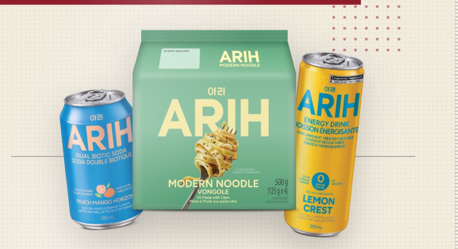 ARIH's launch lineup — Peach Mango Horizon soda, Modern Noodle Vongole and Lemon Crest energy — at the Toronto Korean Festival
