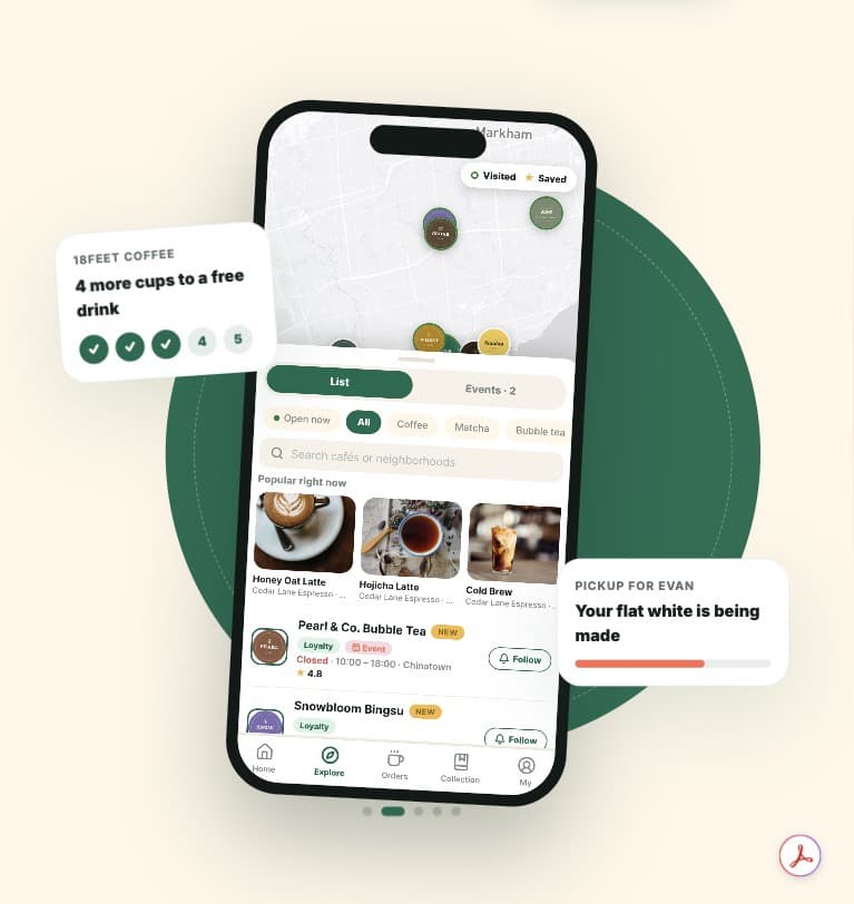 The Masigo app shown on a phone, with café discovery and rewards screens