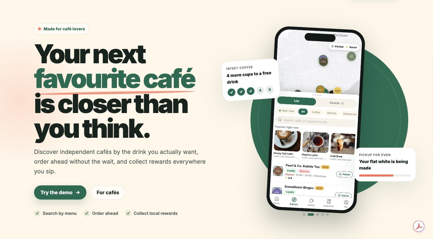 masigo.ca landing page with a phone mockup of the café app